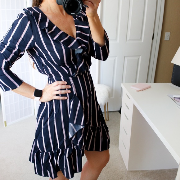 Blue Striped Fit and Flare Ruffle Wrap Dress - Picture 15 of 15